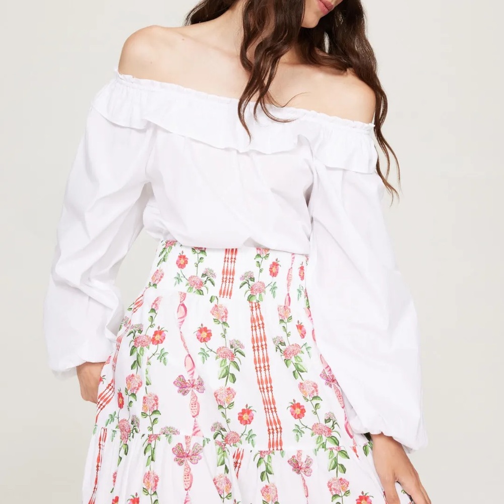 Hill House White Poplin Off-Shoulder Ruffled Parachute Sleeve Top